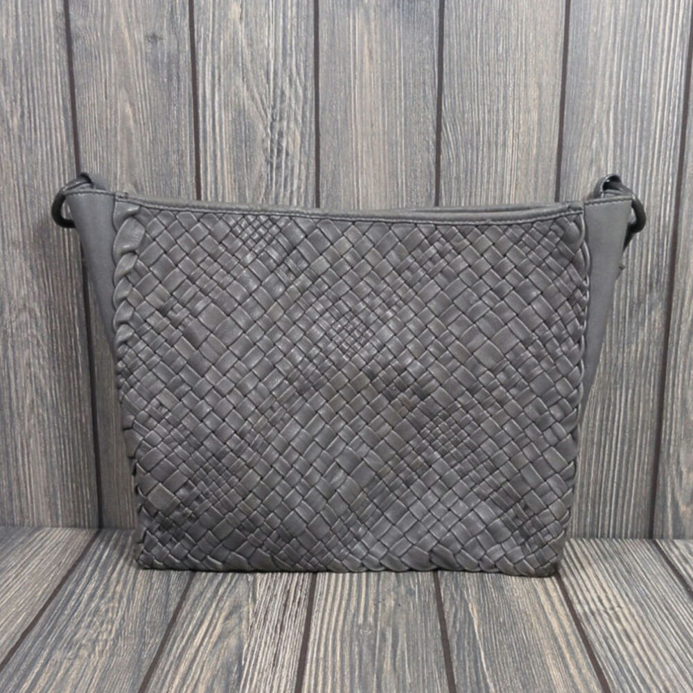 Laurent Effel St Barth‎ Italy Leather Shoulder Bag Purse Woven Olive Green Gray